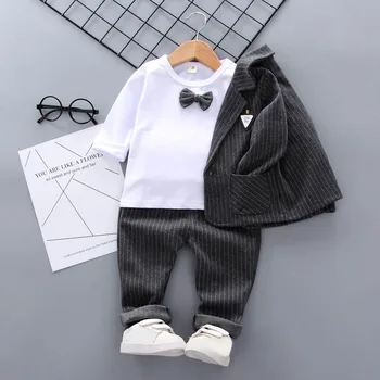 

New Spring 1-5T Baby Boy Clothes Long Sleeve Gentleman Soft Cotton Shirt Tops+Stripe Coats+Long Pants Trousers Toddler Outfits