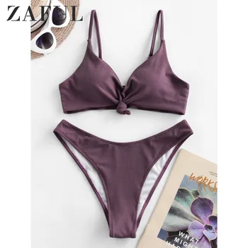 

ZAFUL Sexy Ribbed Knot High Leg Bikini Swimsuit For Women Spaghetti Straps Removable Padded High Cut Bikini Wire Free Swimwear