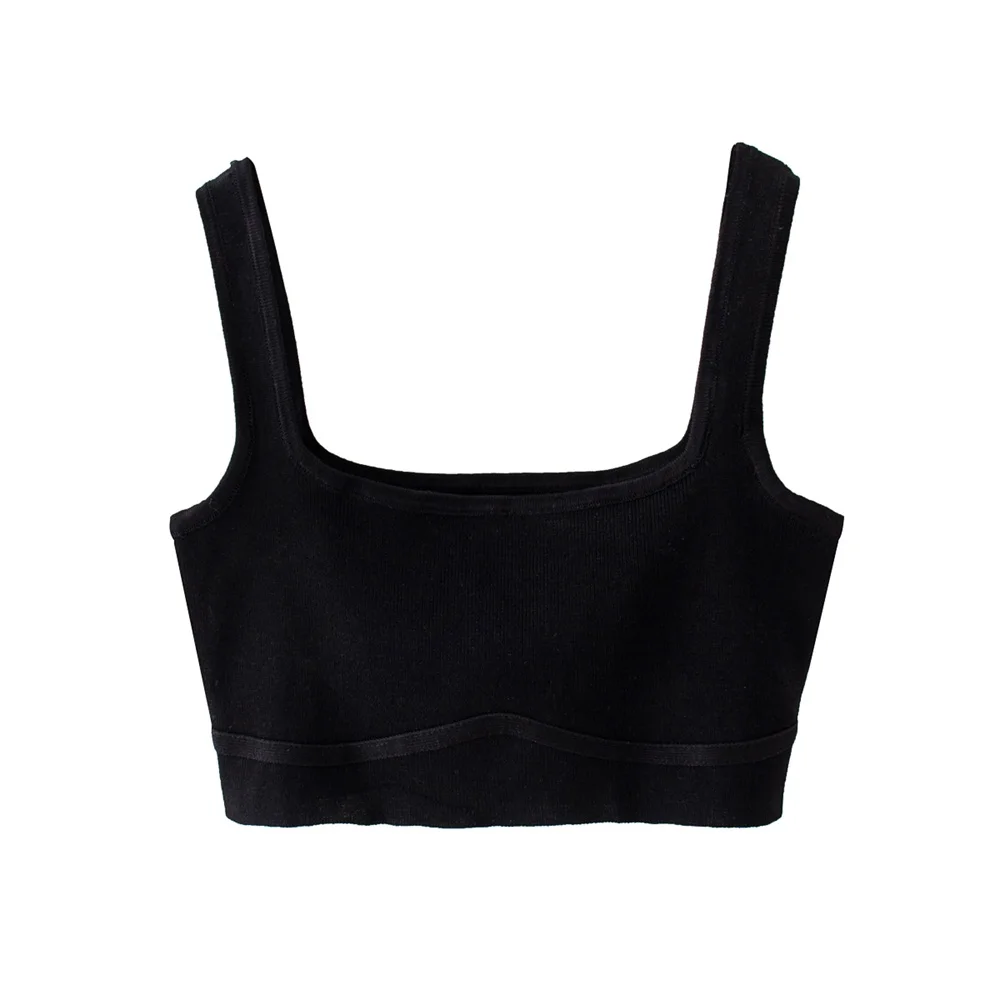 2020 Summer Women's New Simple French Knit Straight Neck Wide Shoulder Straps High Waist Short Exposed Navel Plain Top | Женская