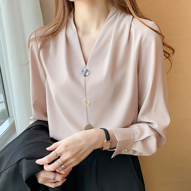 

Shintimes V-Neck Chiffon Women Blouse Vintage Long Sleeve Pullover Shirt Button Clothes 2020 Fall Womens Tops Chemisier Femme