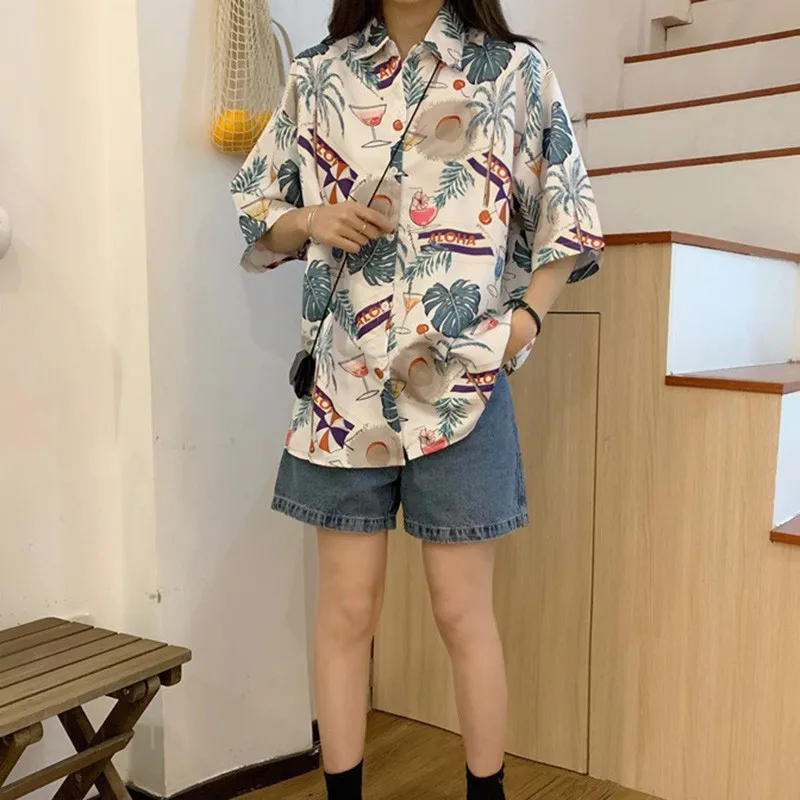 

Women Beach Style Printed Blouse Casual Short Sleeve Turn-down Collar Loose Shirt