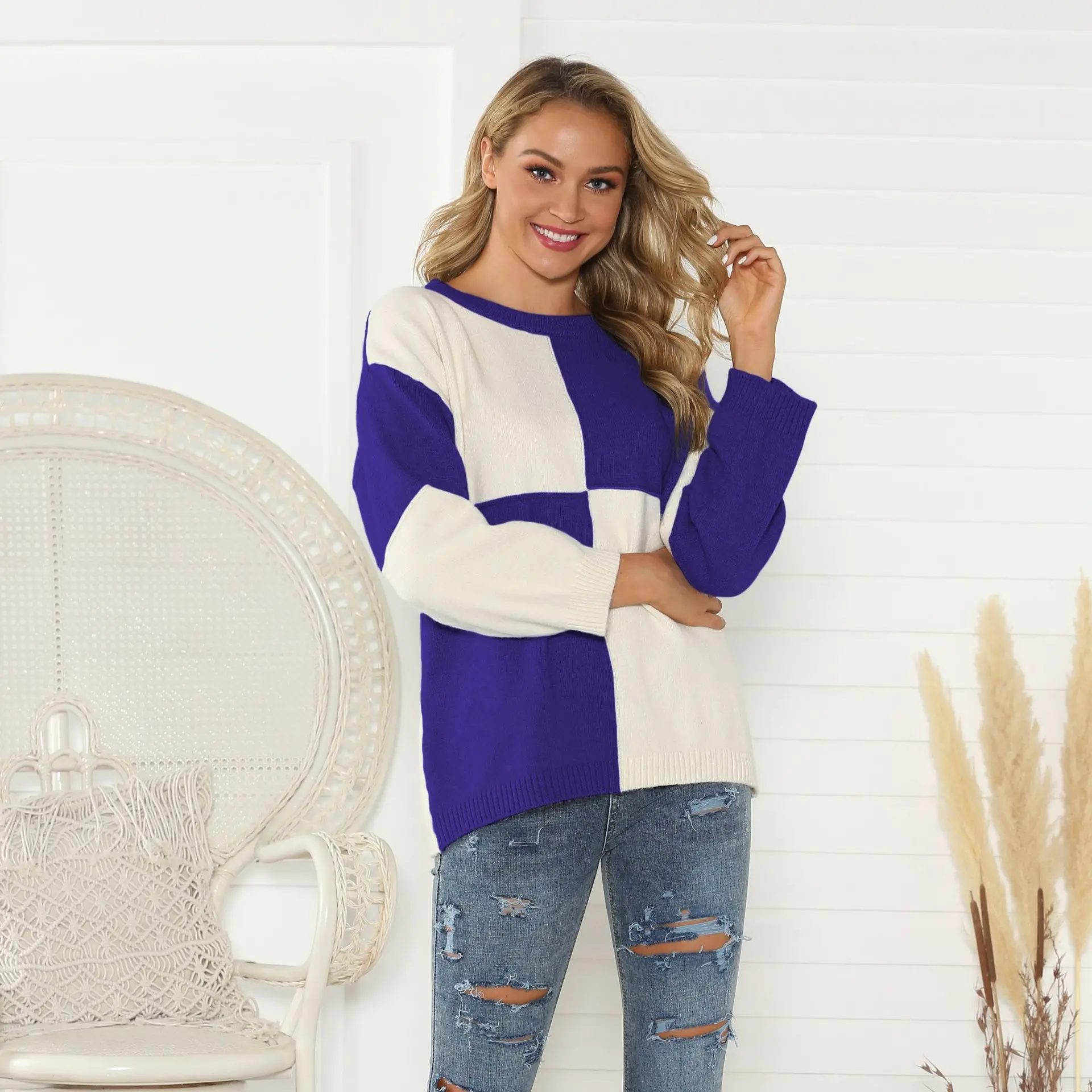 

2019 Women O Neck Loose Patchwork Sweaters and Pullovers Autumn Knitting Casual Jumper Fashion Long Sleeve Sweater