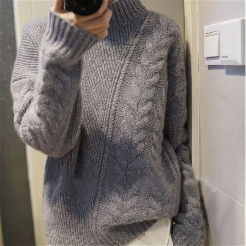 

Women's New Semi-high Necklace Cashmere Loose Asymmetric Turning Short Sweaters in Autumn and Winter