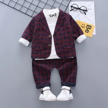 

New children's wedding suit flower girl dress baby boy gentleman suit 3pcs handsome suit classic plaid print boy costume suit