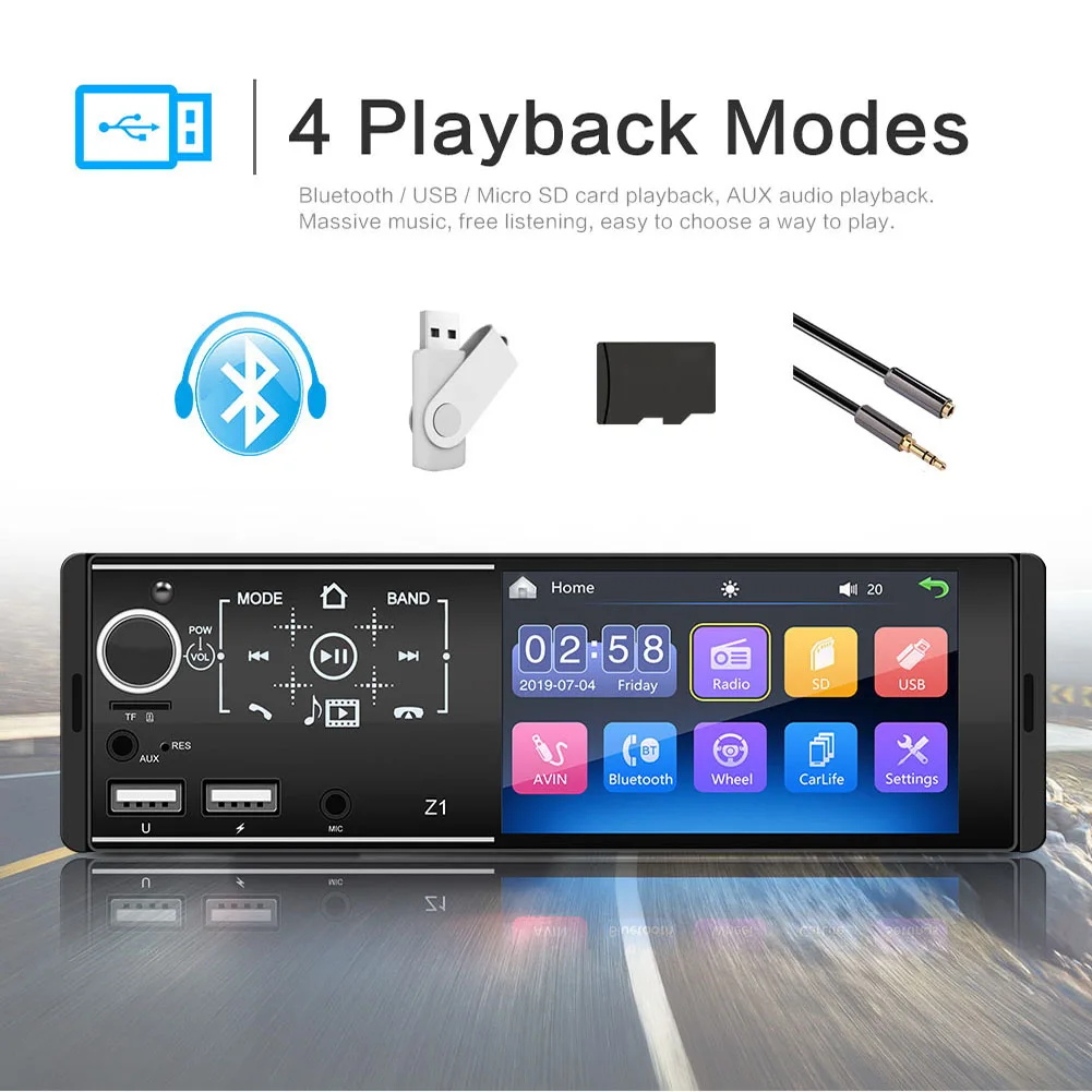 

4.1" Car Stereo Radio Touch Screen 1 Din Dual USB Multimedia MP5 Player Bluetooth FM USB AUX SD Card Support Reversing Camera