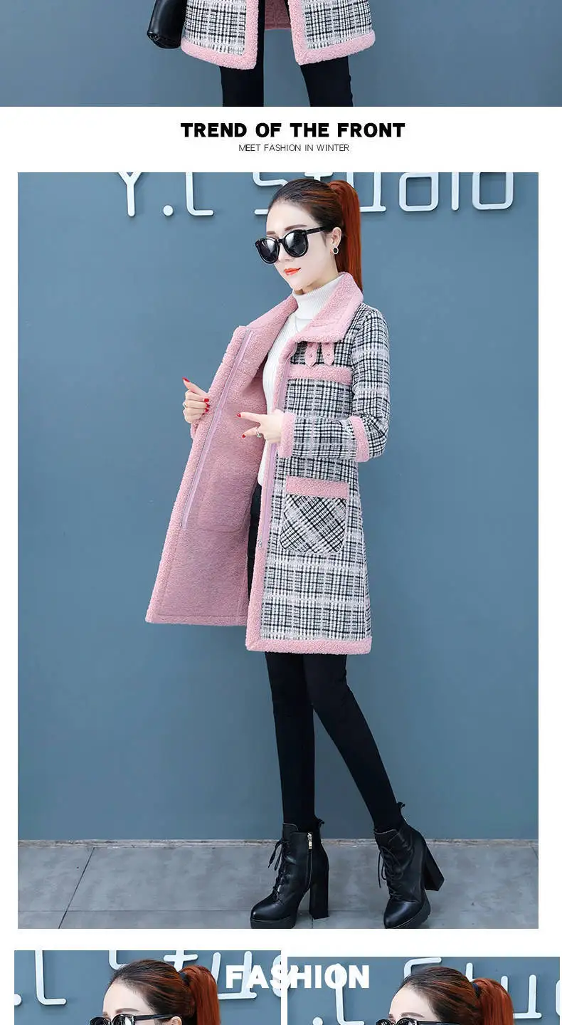 New Winter Lamb Wool Woolen Coat Thick Plus Velvet Warm Cotton Coat Women Long Grid Parker Overcoat Quilted Jacket Trench Coats