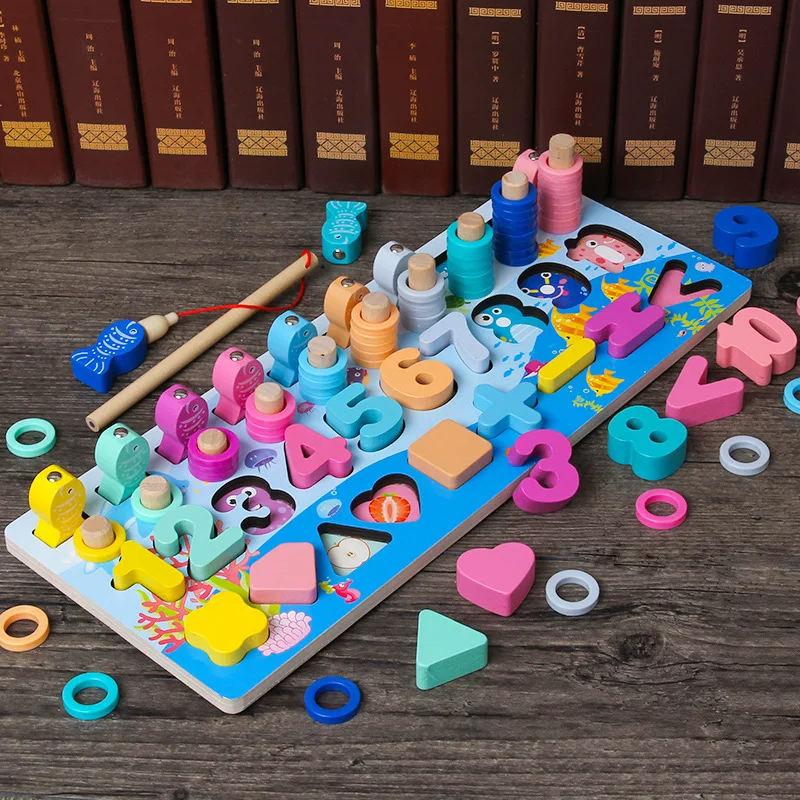 

Multi Function Log Board Early Education Of Children's Montessori Six In One Fishing Figure Matching Toy Puzzle Gift For kids