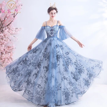 

Walk Beside You Blue Bling Long Evening Dresses 2020 Short Sleeve Lace Beaded Sequined Pearl Floor Length Prom Gowns Graduation