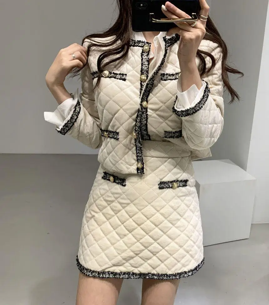 Chic Vintage Ladies Thicken 2 Piece Skirt Suits Women Diamond Pattern Coat Jacket+ A-line Skirt Suits Fashion Elegant 2 Pcs Set - Цвет: apricot
