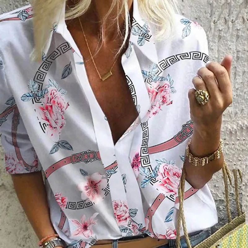 02 Flower print Весенняя женская блузка для отдыха, топы, женские офисные блузки с цепным принтом, женские стильные блузки с длинным рукавом, женские 5XL - Цвет: 02 Flower print