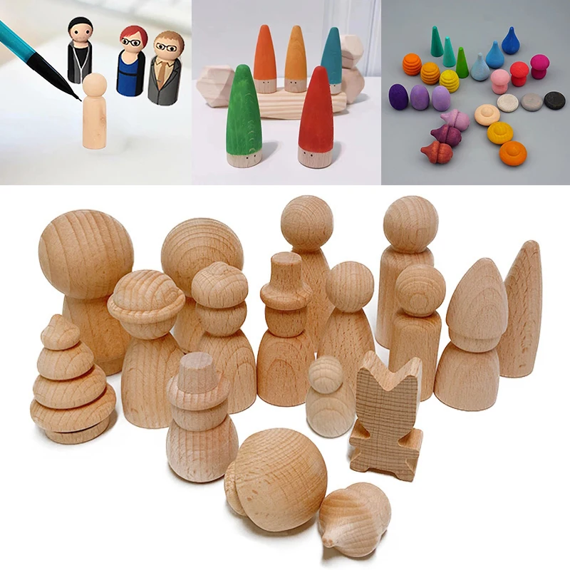 Wood Peg Dolls Wooden Figures Mini People DIY Craft Unpainted Toy Handicrafts 