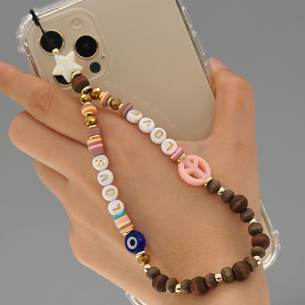 1PCs Chain For Phone Charm Beads Chains Cell Cord Accessories Peace Sign Jewelry Wood Straps 2021 Mobile Lanyard |
