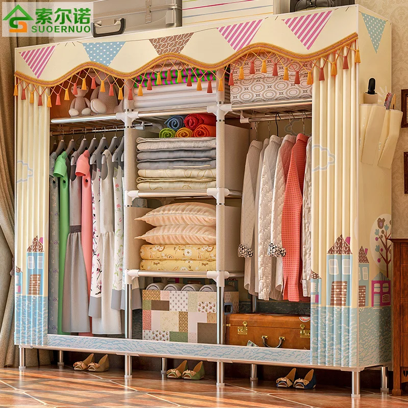 

Simple Wardrobe Simple Modern Economical Cloth Wardrobe Steel Pipe Bold Reinforcement All Steel Frame Fabric Storage Cabinet