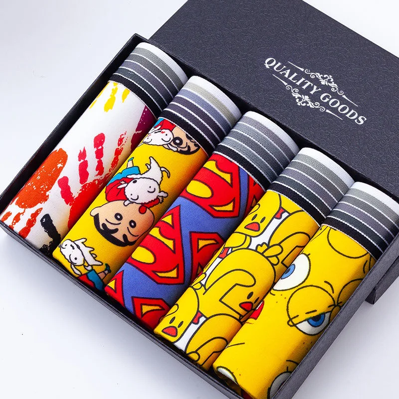 

5PCS/Lot Men'S Underwear Boxer Pants Teenager Student Cartoon Printed Breathable Mid-Waist Men'S Boxer Pants