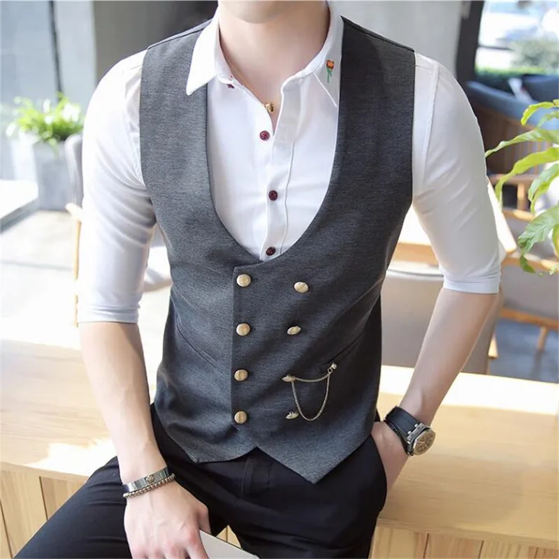 Chaleco de doble botonadura para hombre, traje Formal sin mangas ajustado, gris y negro, moda informal de negocios, primavera 2021