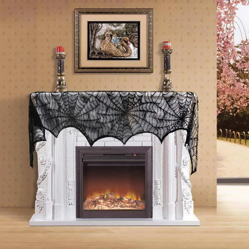 

Gothic Black Lace Fireplace Scarf Haunted House Spider Web Table Cloth Curtains Halloween Home Party Garden Yard Decoration