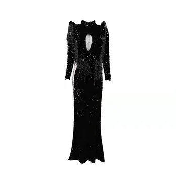 

Black Fashion Tassel Sequin Beaded Maxi Dress Women Elegant High Collar Long Sleeve Mesh Celebrity Evening Party Long Vestidos