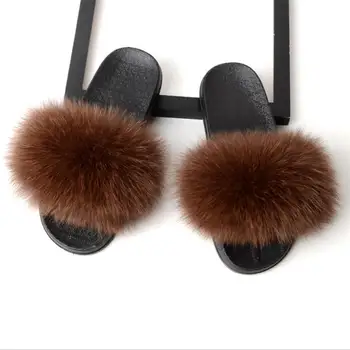

Fox Fur Slides Women Summer Slippers Home Shoes Flip Flops Natural Fox Hair Slides Platform Fluffy Slippers Cute Hot For Ladies