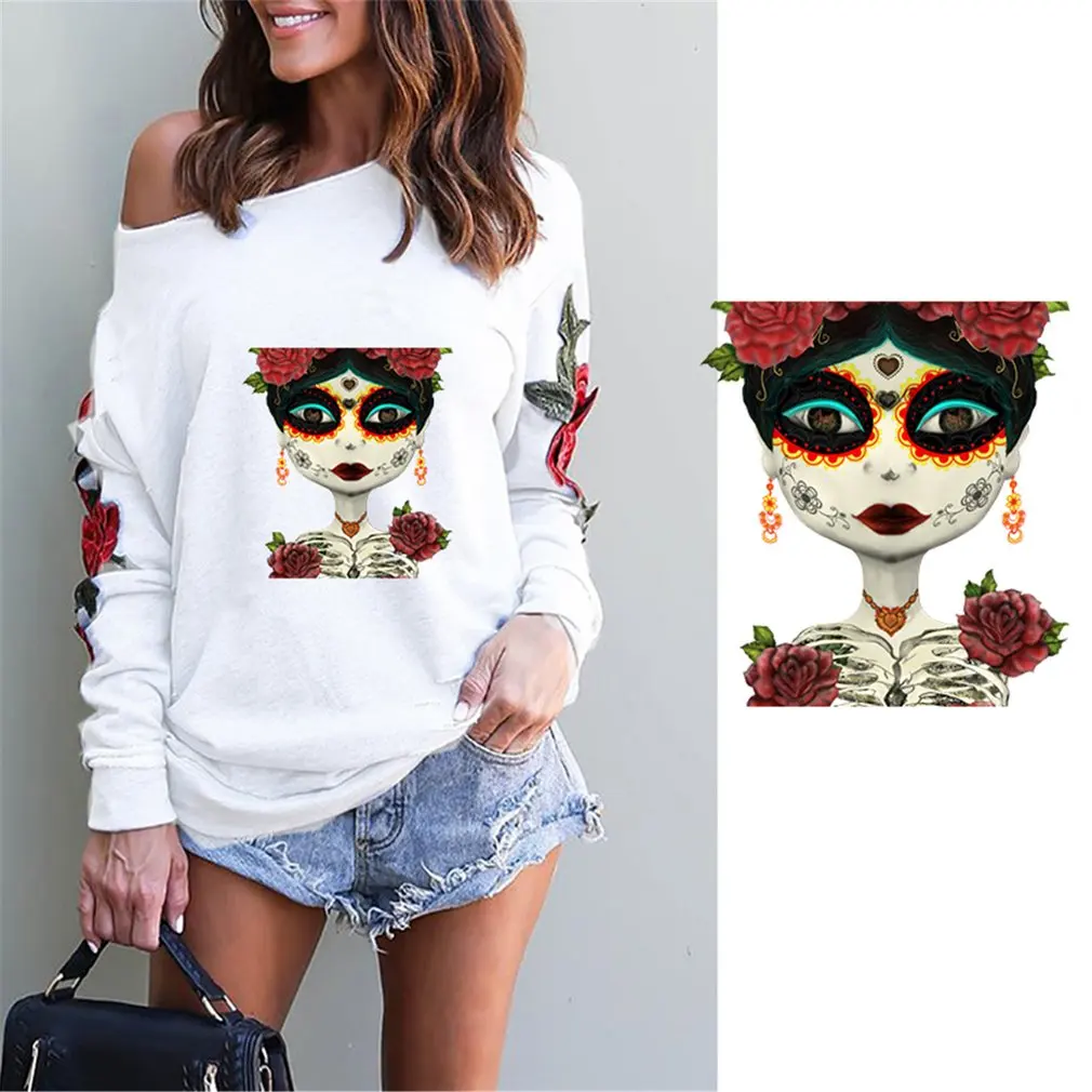 Catrina, женские железные пластыри с черепом, термопереводные наклейки, печатные моющиеся топы, платья, футболки, аппликации