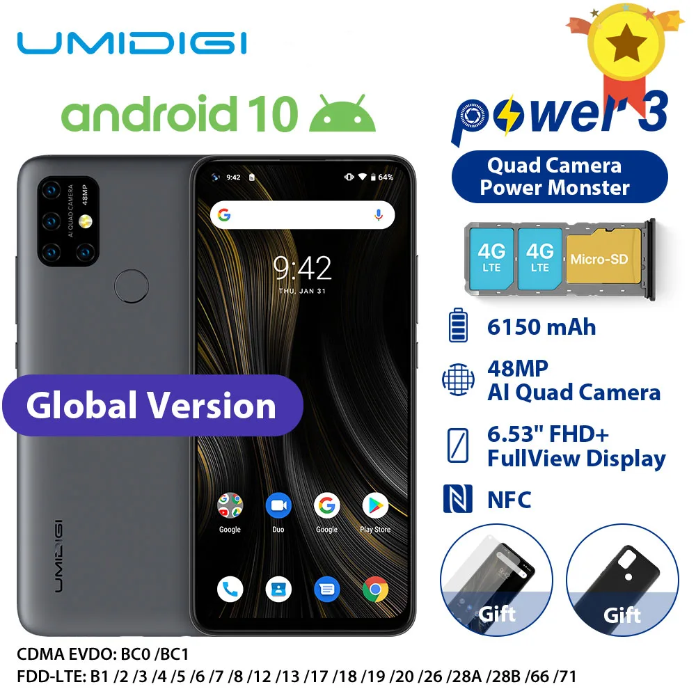 UMIDIGI Power 3 Мобильный телефон Android 10 48 МП Quad AI камера 6150 мАч 6 53 &quotFHD + 4 Гб 64 Helio P60
