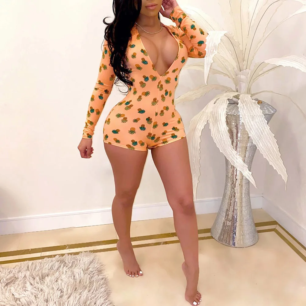 

2020 Women Sexy Summer Nightclub Playsuit Deep V-neck Long Sleeve Print Jumpsuits Female One Piece Party Outfits Body Suit