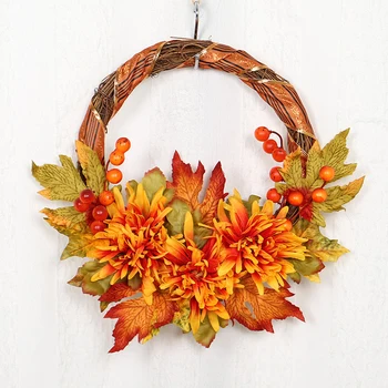 

Artificial Maples Chrysanthemum Wreath Front Door Wreath Wall-Mounted Autumn Wreath for Indoor/Outdoor Decorations YU-Ho