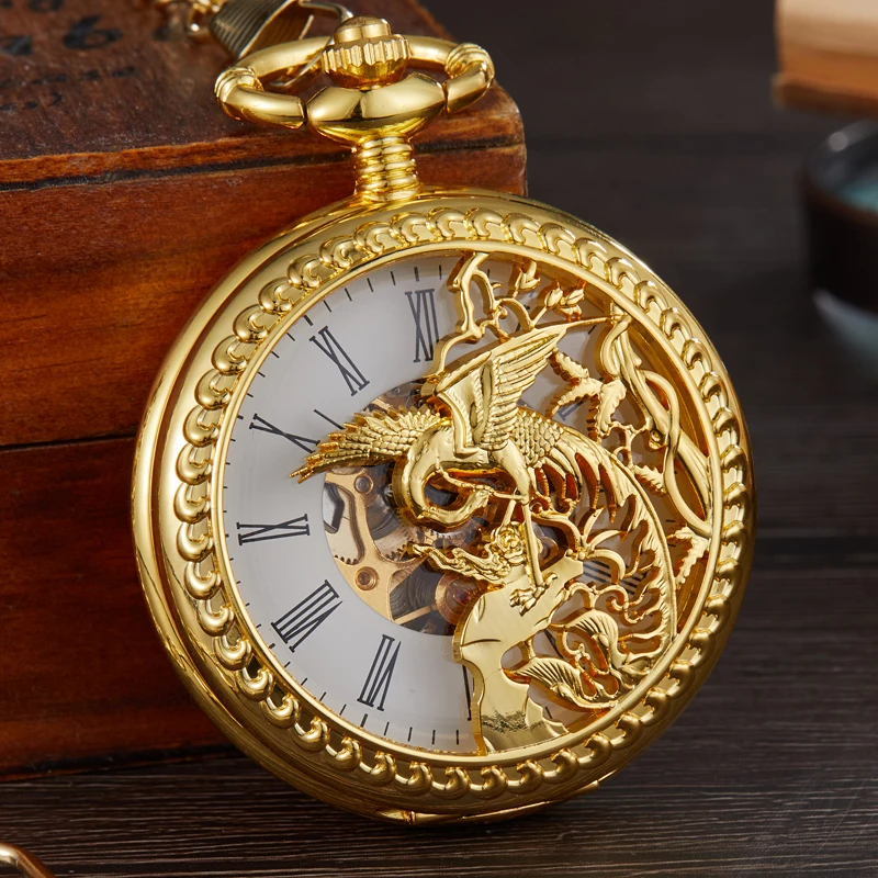 

Phoenix Bird Mechanical Pocket Watch Hollow Roman Skeleton Clock Hand Winding Men Fob Chain Watches Carving Engraved Case Clock