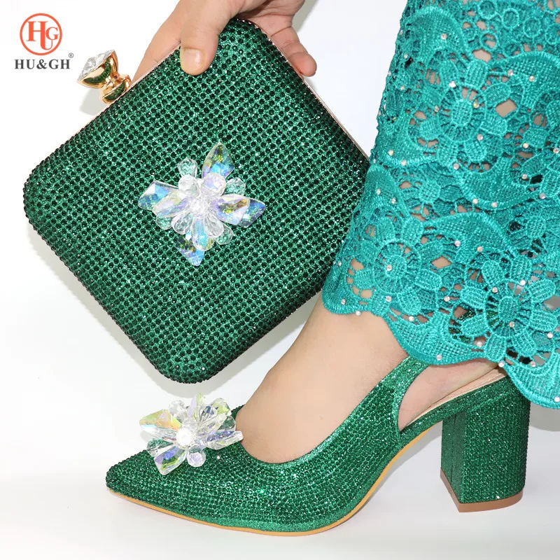 

2019 African Party Shoes without Matching Bag for Women Ladies Italian Design Rhinestones Shoes Green Good Quality Wedding