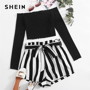 

SHEIN Lettuce Edge Bardot Tee and Paperbag Waist Shorts Set Women Autumn Long Sleeve Crop Top Casual Two Piece Sets