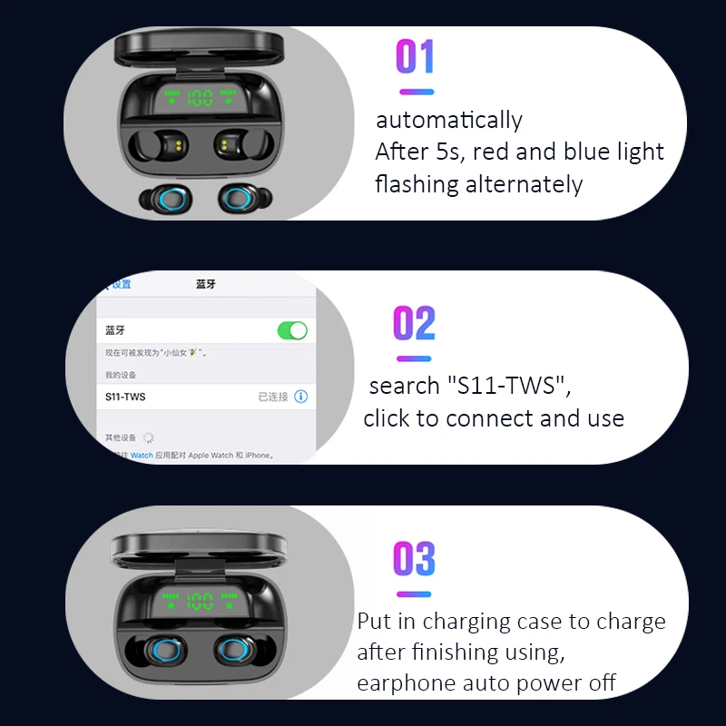 TWS Wireless Bluetooth Earphone Waterproof Sport Gaming Headset Noise Earbuds with Mic for iPhone Xiaomi Samsung Charge Box