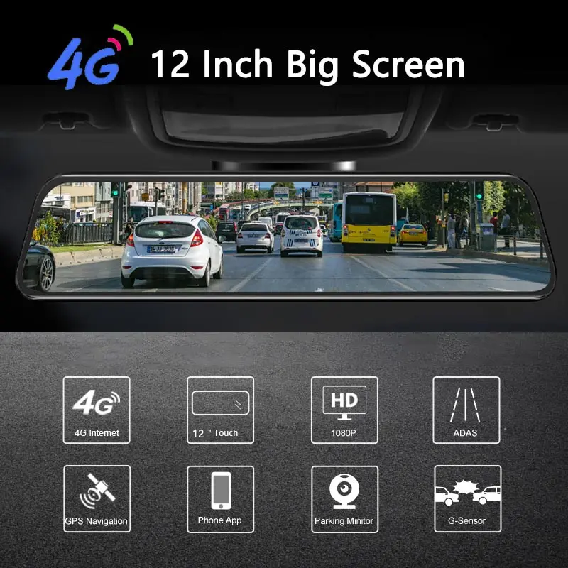  New 12 Inch 4G ADAS Android Car DVR Camera Streaming Rear View Mirror 1080P WiFi GPS Dash Cam Regis