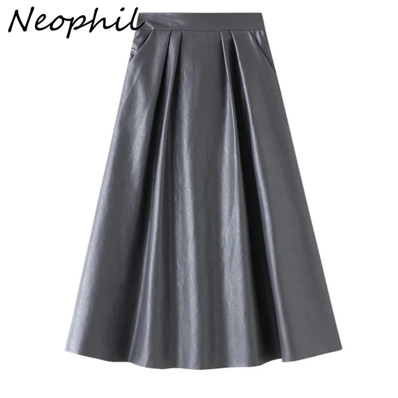 Neophil 2023 Winter PU Faux Leather Latex Pleated Women Skirts Ladies Vintage Fashion  A-Line High Waist Flare Longa Saia S9102 ladies half skirt spring and autumn new dark belt pleated skirt hanging feeling design youth fashion trend temperament skirt