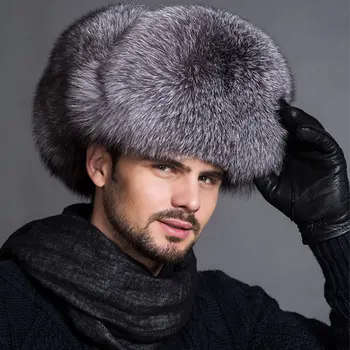 

Men Raccoon Fur Hats Fox Fur Leather Bomber Caps Silver Fox Fur Male Lei Feng Bomber Hat For Middle-Aged Leather Ear Flaps Hats
