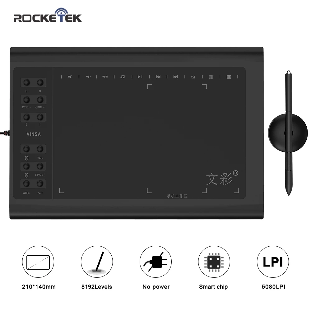 

Rocketek Digital Tablets 10*6 Inch 8192 Levels USB Signature Graphics Drawing Pen Tablet OSU Game Battery-Free Tablet Gift