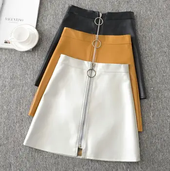 

Autumn winter Casual PU Leather Skirt Women Elegant Zipper Mini A-Line Skirt Lady Skinny High Waist Skirts zipper skirt