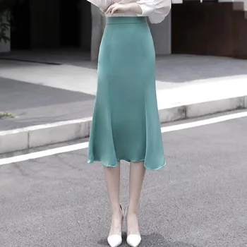

Women Sexy Fishtail Office Skirt High Waisted Silk Satin Mermaid Trumpet Skirt Summer Ladies Bodycon Party Midi Skirts Womens