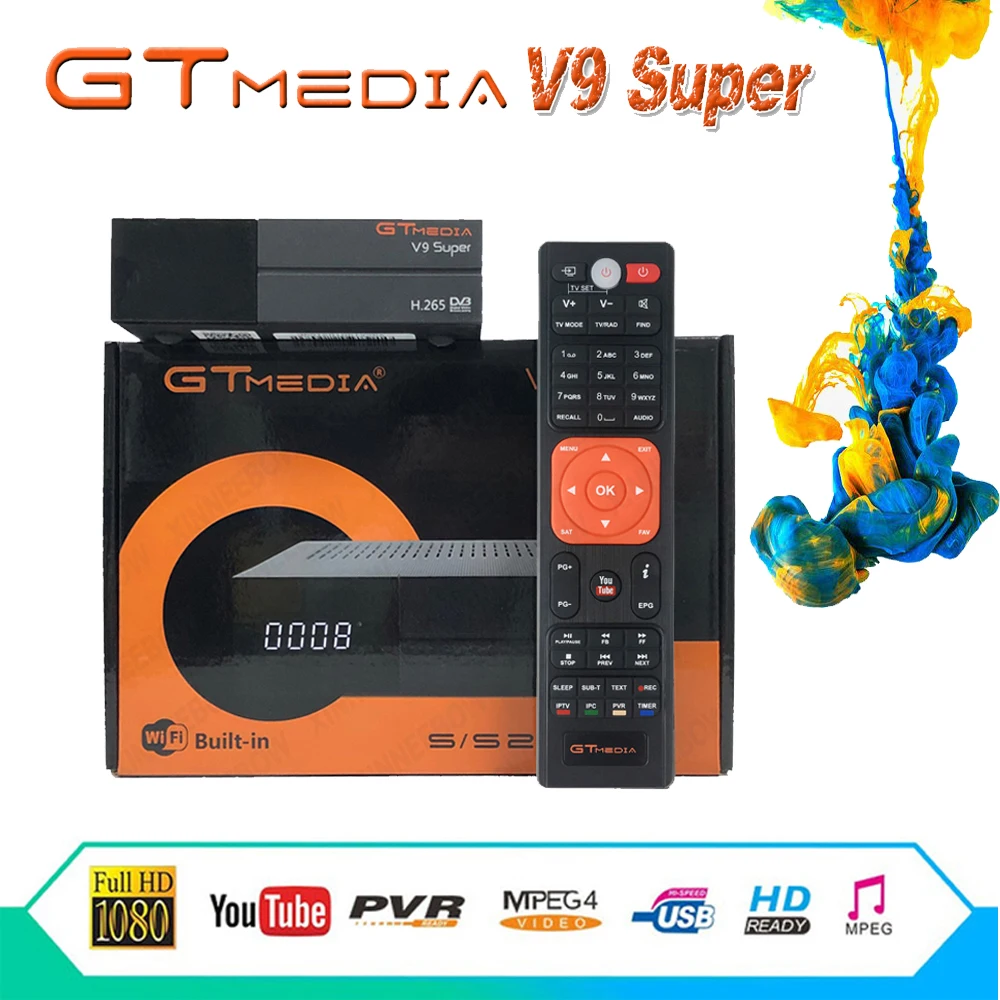 

GTMEDIA V9 Super Satellite TV Receiver 64M Bits Serial Flash Digital DC12V/1.5A support Subtitle 1 year free European cccam