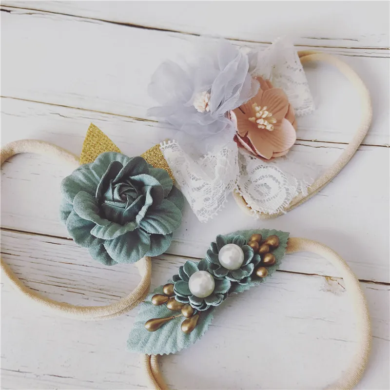 WARMOM 3PCS/Set Baby Elastic Hair Bands Baby Shower Headwear Photo Props Handcrafted Nylon Flower Headband Set For Children