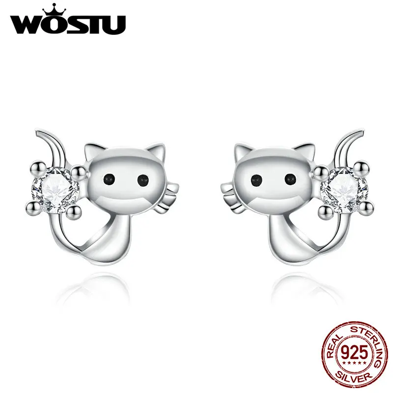 WOSTU, Настоящее серебро 925 пробы, Симпатичные серьги-гвоздики с котом, маленькие серьги для женщин, свадебные, обручальные ювелирные изделия CTE246