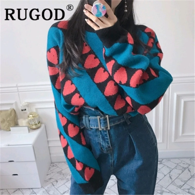 

RUGOD Women heart pattern sweater pullover turtleneck loose modis warm knit coat 2019 new autumn fashion femme mujer kawaii top