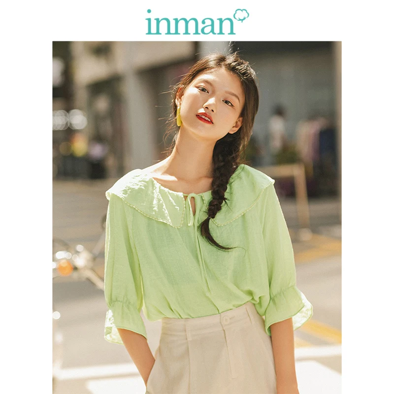 

INMAN Spring Autumn Viscose Blending Light Green Lacing Turn Down Collar Flare Medium Sleeve Women Blouse
