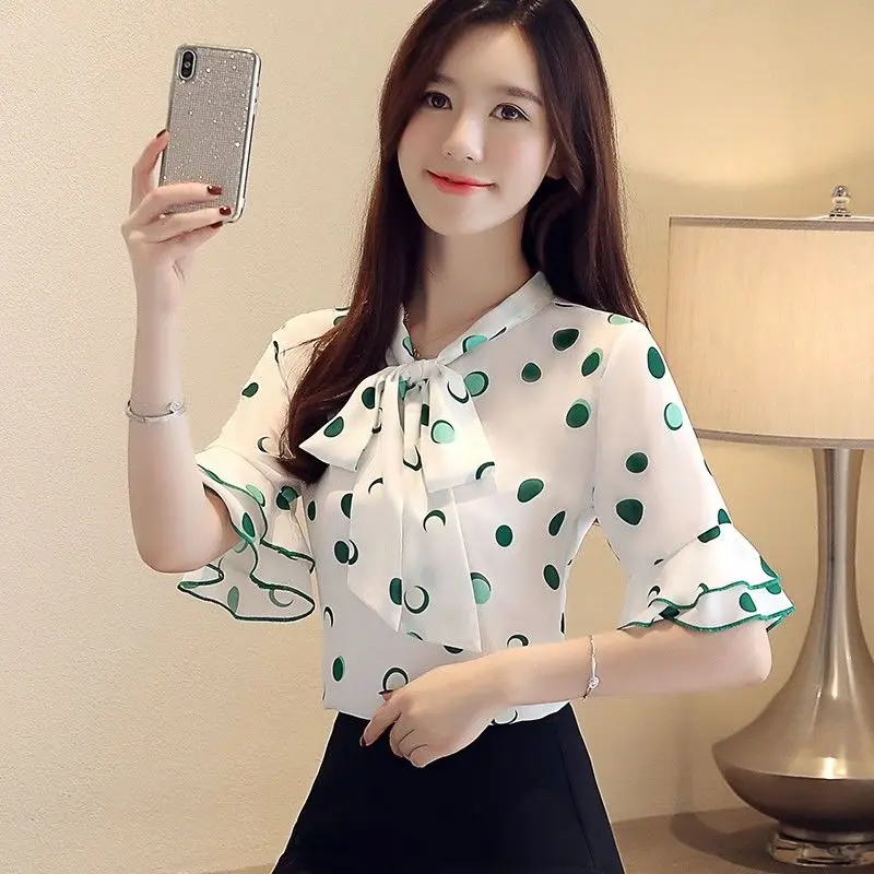 Short Sleeve Blouse Woman Novelty 2023 Trumpet Summer Blouses Women Dot Pattern Womens Tops Korean Style Clothes Youth Jerseis