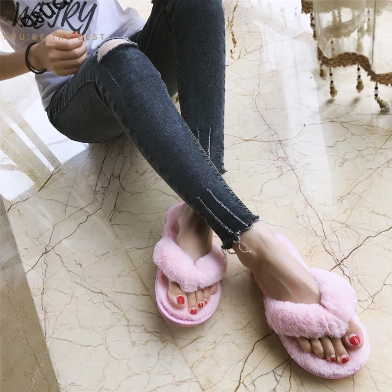 Зимние Модные женские домашние тапочки; теплая обувь с искусственным мехом; женская обувь без шнуровки на плоской подошве; женские меховые Вьетнамки; цвет розовый; большие размеры 36-41