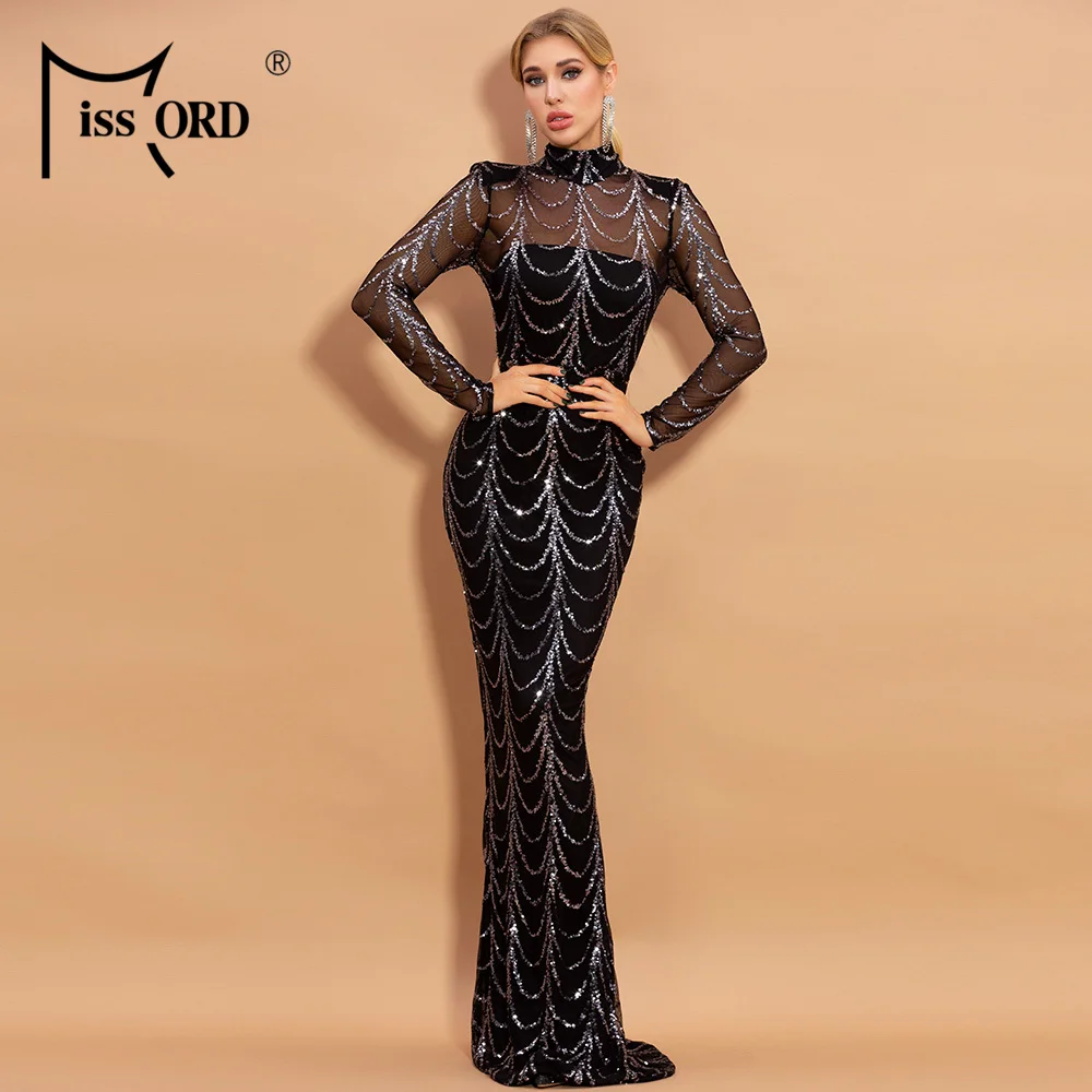 

Missord 2020 Autumn Winter High Neck Wave Sequins See Though Women Maxi Dresses Elegant Long Sleeve Female Party Dresses M0032