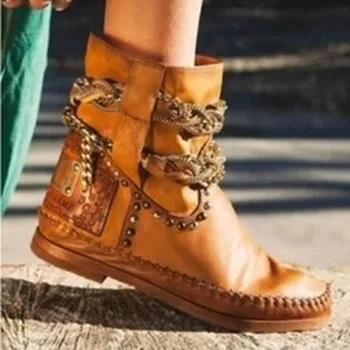 

New 2020 Metal Chain Shoes Women Boots Boots Flat Heel Personality Round Toe Ankle Plus Size 43 Punk Short Boots