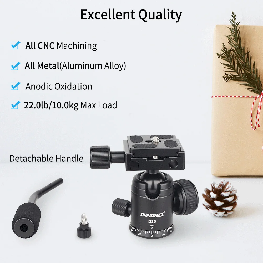 Tripod Ball Head Cold Shoe Ball Head Camera Panoramic Head D30 Ball Head Handle CNC Panoramic Tripod Head Q.R. Plate Camera Mount For DSLR Cellphone Mobile Phone Camcorder Telescope