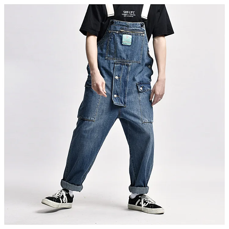 Distressed Blue Denim Overalls Men's Work Cargo Pants Old School Easy Chic Worker Multi-Pocket Bib Trousers Men Casual Dad Jeans