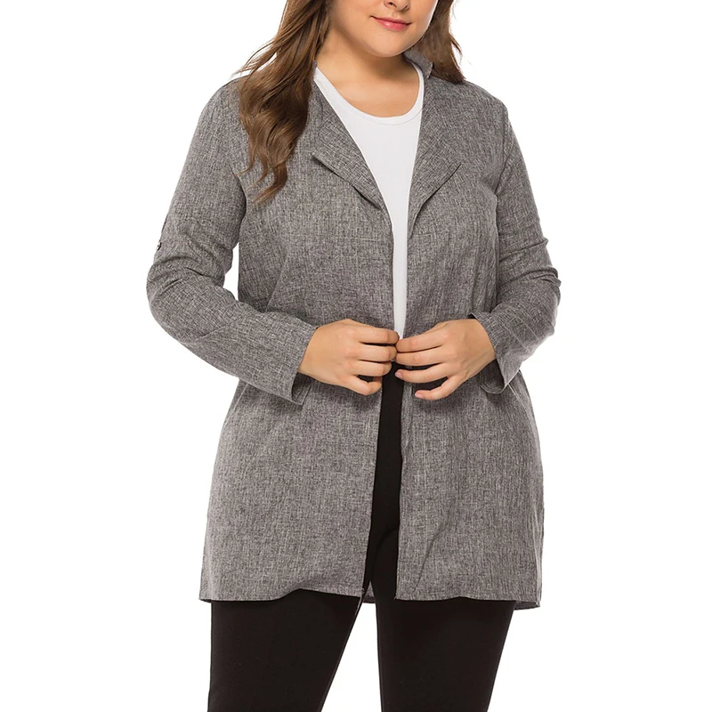 Новый большой размер женский Блейзер серый длинный рукав воротник с лацканами женский кардиган пальто осенняя офисная Дамская мода