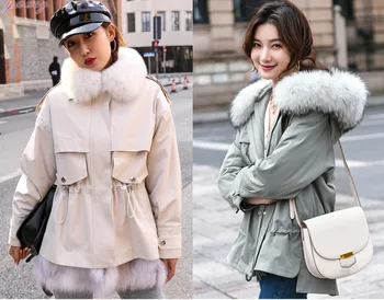 

Real Fox Fur Collar Removable Rabbit Fur Liner Winter Parka Women's Plush Jacket Thick Warm Outerwear Coats Zipper Pockets
