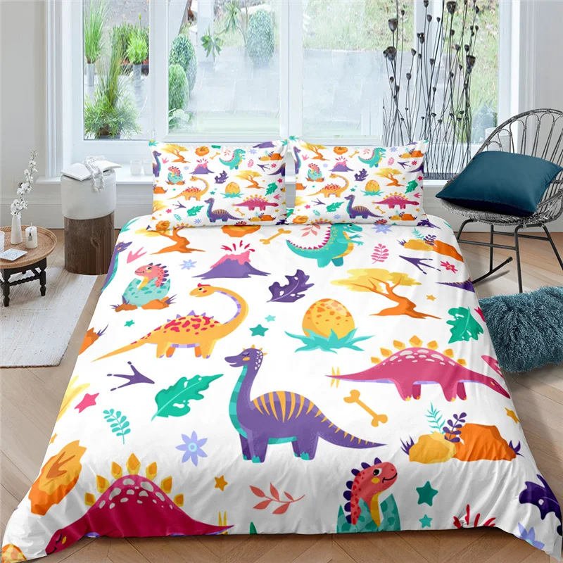Luxury 3D Cartoon Dinosaur Print 2/3Pcs Kids Bedding Sets Comfortable Duvet Cover Pillowcase Home Textile Single/Queen/King Size